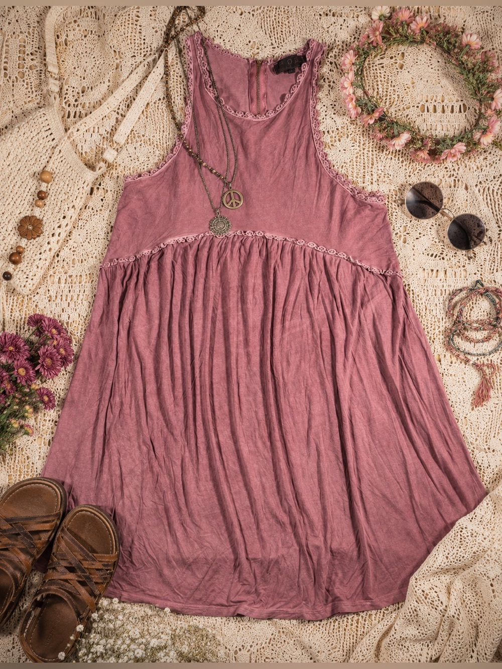POL Boho Babydoll Dress Mauve Purple Lace Trim Festival Whimsigoth L